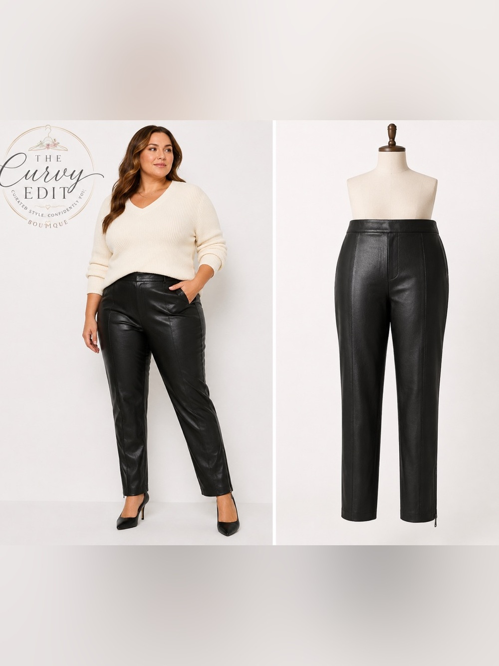 Zara Black Leather Pants L High Rise Slim Straight Ankle Zip Moto Modern Chic